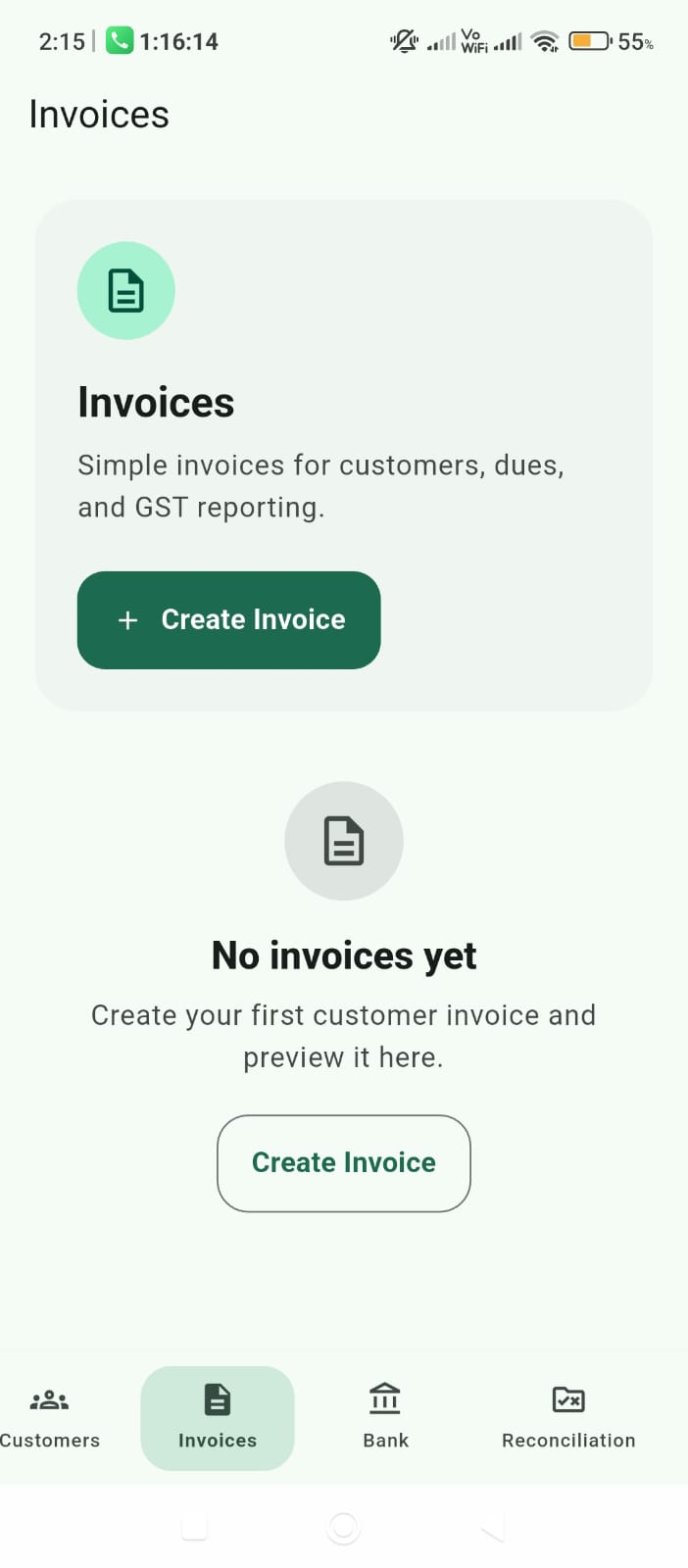 Hisab AI invoices screen with create invoice action