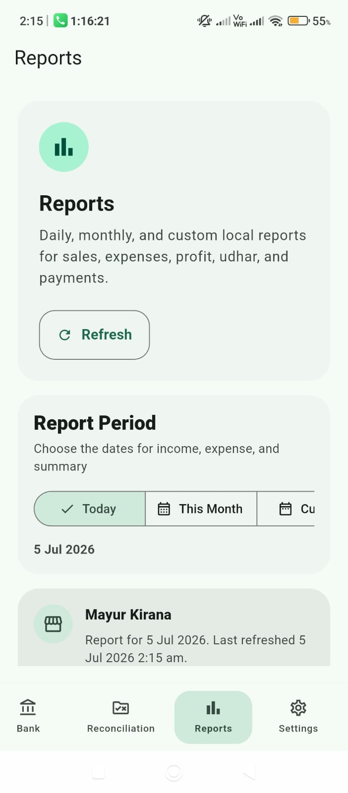 Hisab AI reports screen with period selector